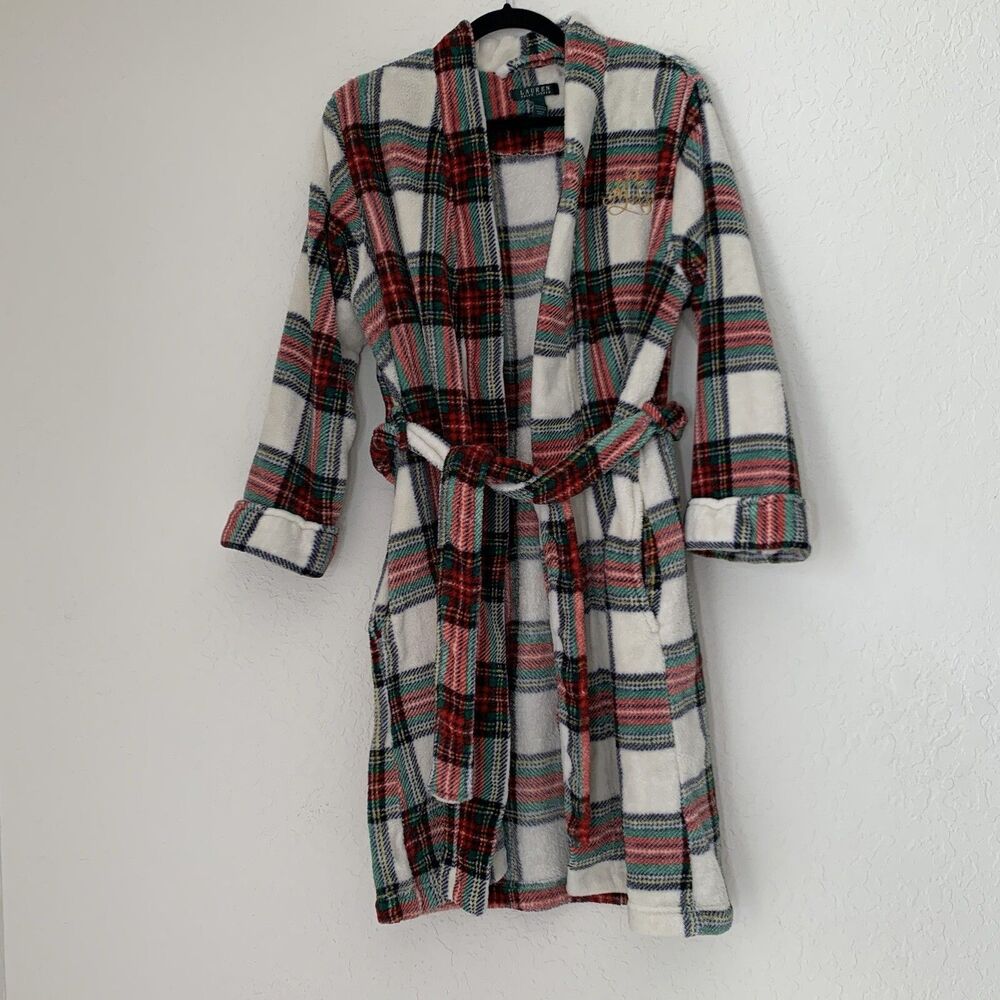Lauren Ralph Lauren Fleece Robe Women M Plaid White Red Green Gold Monogram Soft